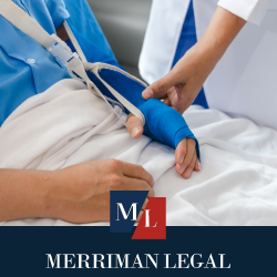 Personal injury victim with bandaged arm and hand being checked out by doctor while sitting in hospital bed