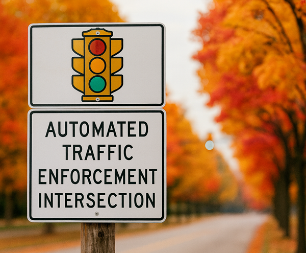 Traffic sign reading ‘Automated Traffic Enforcement Intersection’ centered on a quiet, empty road lined with trees showing vibrant fall foliage in shades of red, orange, and yellow.