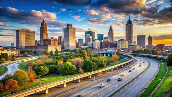 An elevated scenic view of a multi-lane highway curving through a park area toward the Cleveland skyline at sunset.