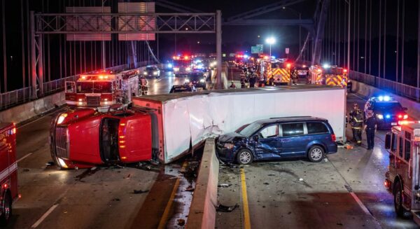 Overturned red semi-truck and damaged blue minivan involved in a multi-vehicle crash on a highway bridge at night, with multiple fire trucks, police vehicles, and emergency responders on scene with flashing lights.
