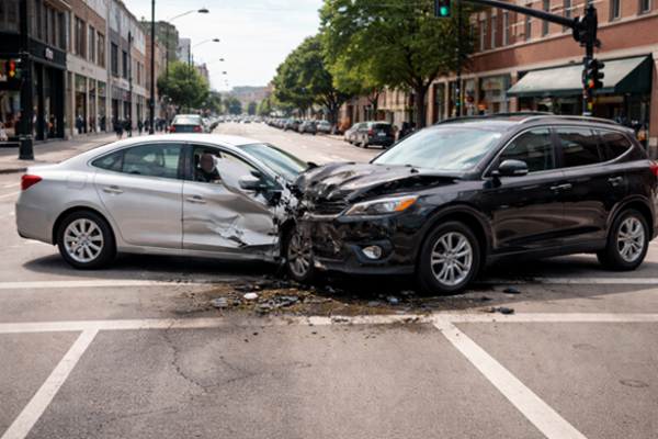 A black SUV and a silver sedan have collided in the middle of a city intersection. The front end of the SUV is heavily crumpled where it struck the driver-side door and front fender of the sedan. Debris from the impact is scattered across the asphalt within the crosswalk lines.