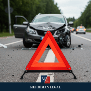Emergency warning triangle placed on the road in front of a crashed car during a traffic accident scene.