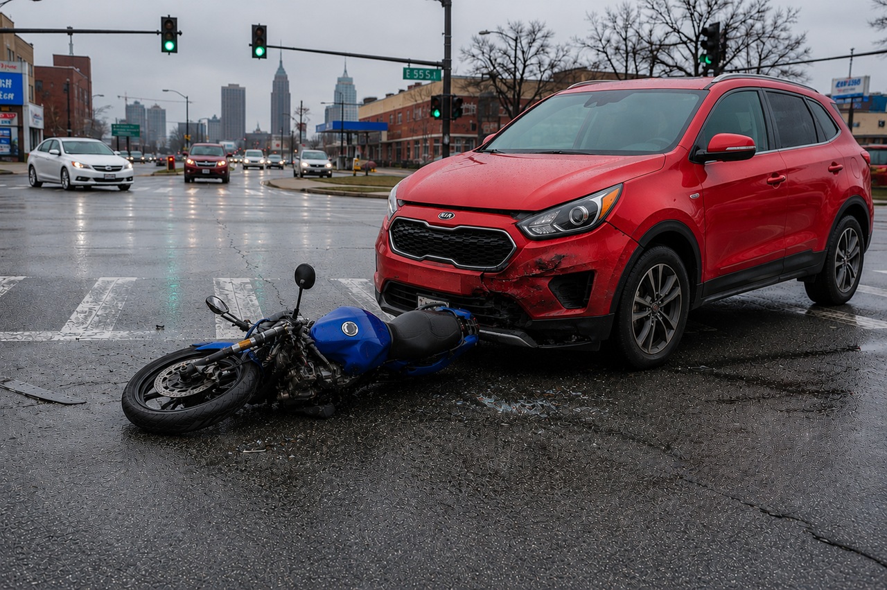 A blue motorcycle lying on its side on a wet city street after being hit by a red Kia SUV at a Cuyahoga County intersection, with traffic lights and city buildings visible in the background.