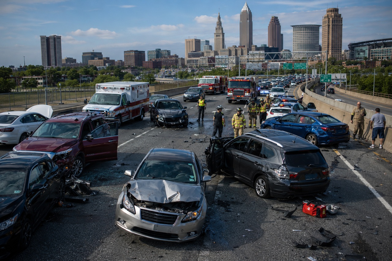 Emergency responders, including firefighters and paramedics, manage a chaotic multi-vehicle pileup on a major highway bridge, with several severely damaged cars scattered across the lanes amidst debris, an ambulance and fire engines blocking traffic, and the Cleveland city skyline visible in the background.