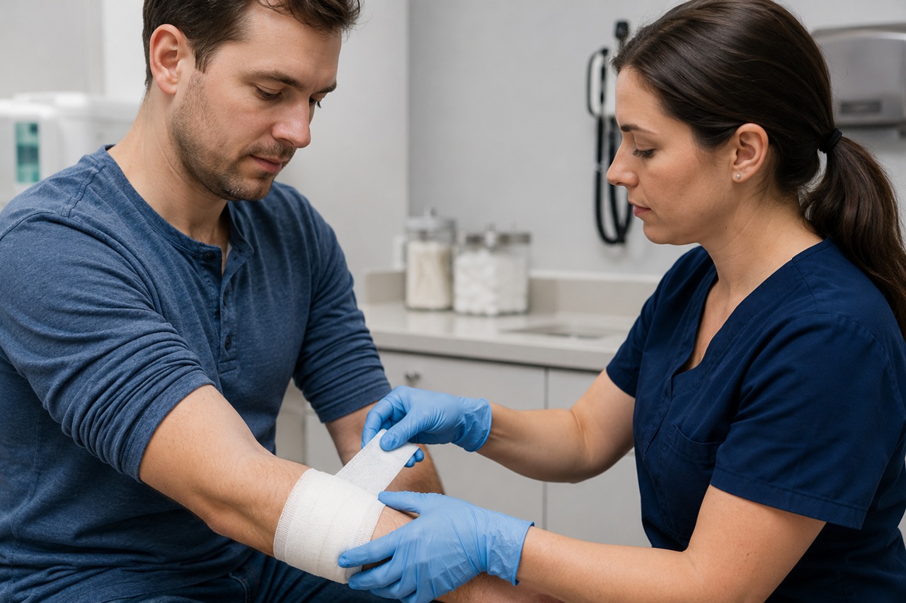 A medical provider bandaging a man's forearm wound in a clinic in Ohio, illustrating the medical treatment and resulting bills tied to a dog bite injury claim.