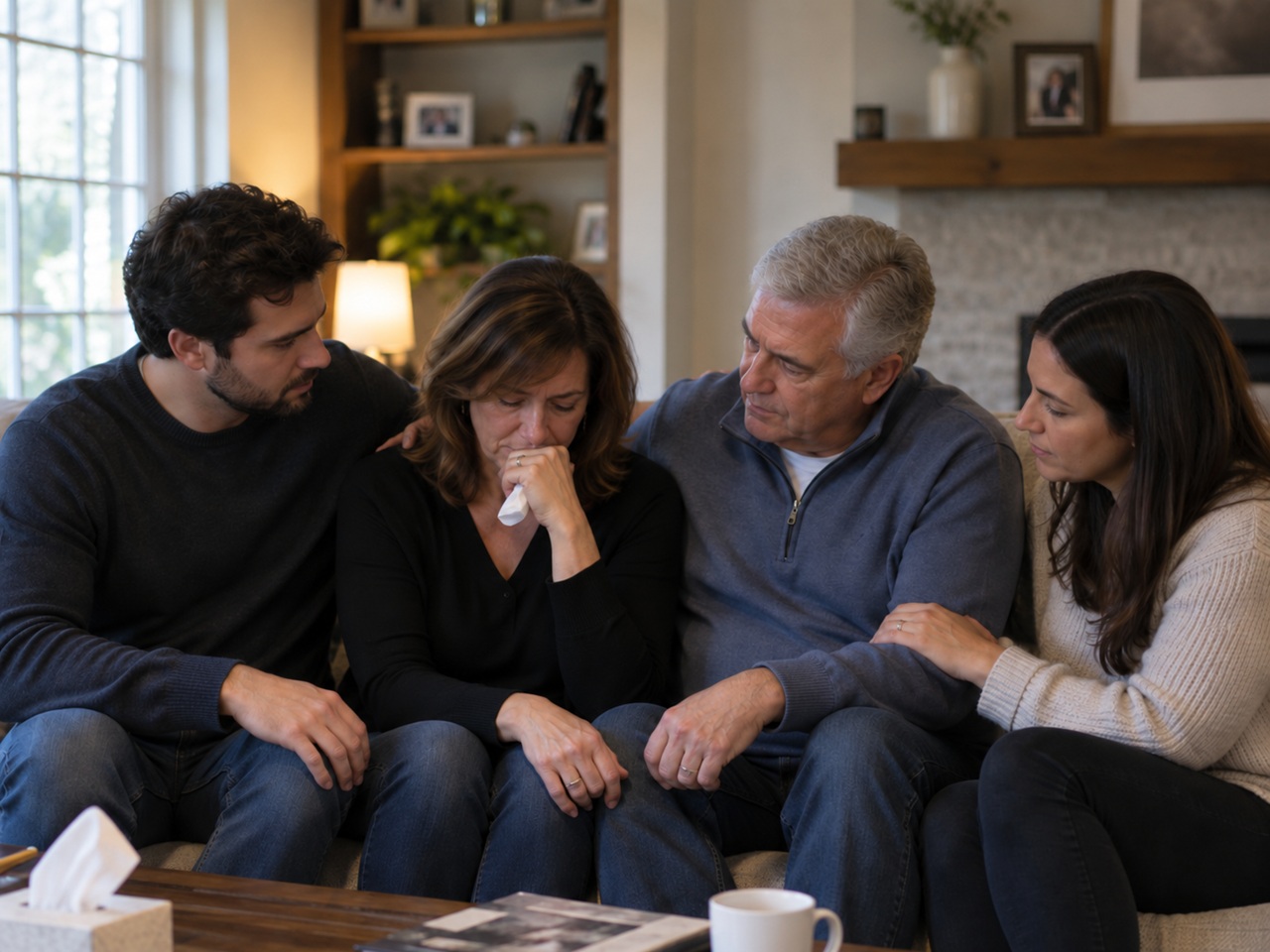 A grieving Ohio family comforting one another on a couch while sitting with tissues and a memorial photo, illustrating the emotional and financial losses considered in a wrongful death damages claim.